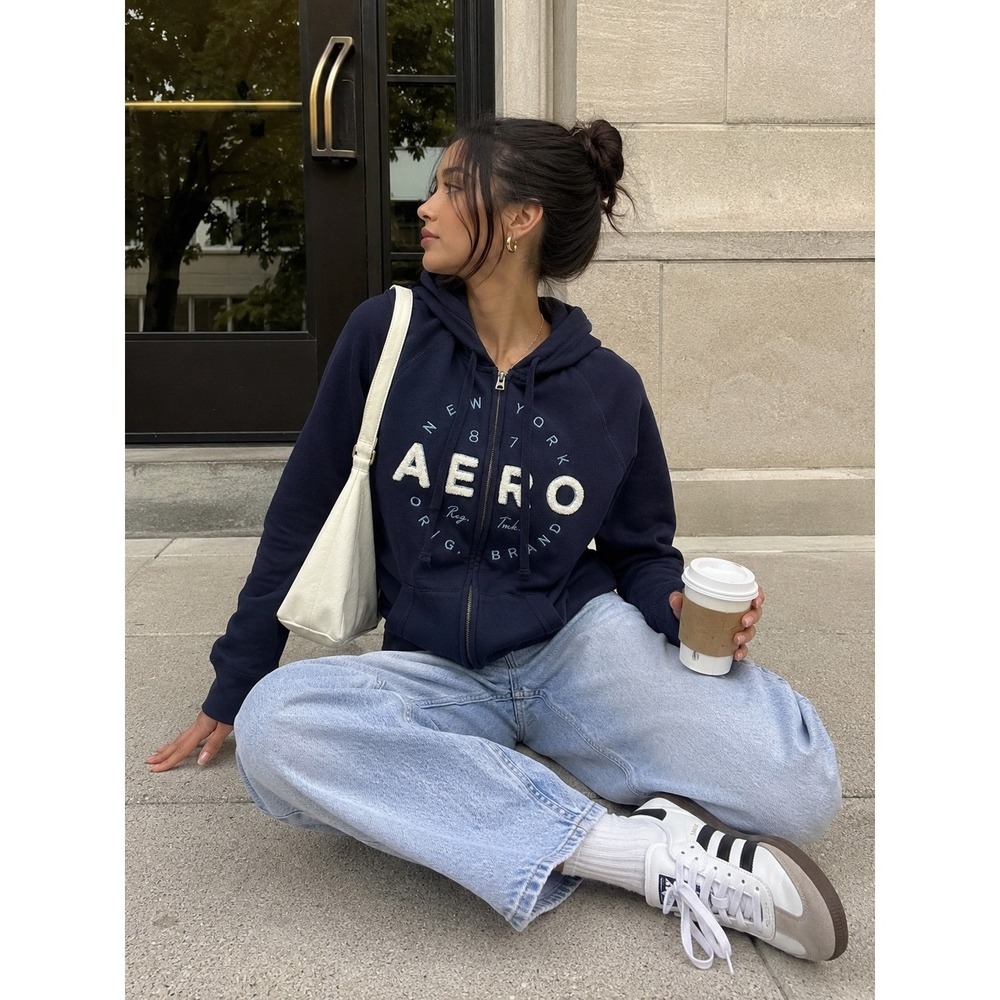 Aeropostale Zip Up Hoodie Womens Small‎ Navy Blue Chenille Logo Y2K Style